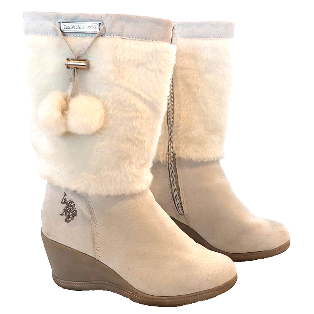 U.S.POLO. ASSN.‎ White "Noelle" Winter Wedge Boots Faux Fur Size 5.5 Runs Large